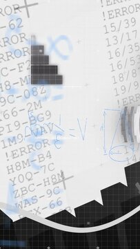 Vertical video: Technical collage animating, black bars rising, white band revealing code and math