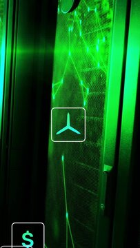 Projector starting green laser network while mesh panel showing nodes and icons appearing for tech