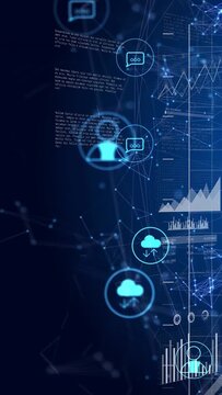 Vertical video: Holo column revealing scrolling onload pulsing cloud animating charts for marketing