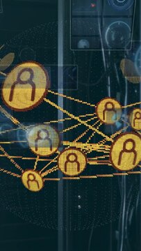 Vertical video: Holo starting rotating and linking gold nodes, showing linked users and tech mirror