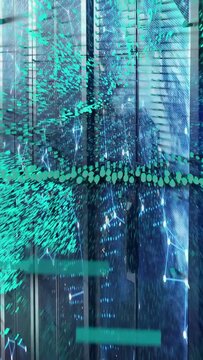 Vertical video: Teal cloud rising from right panel growing, sweeping over tech wall mapping network