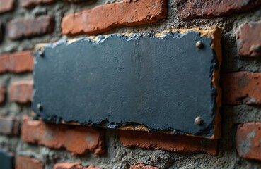 Obraz premium Dark rectangular slate sign attached to rough aged brick wall. Sign provides blank copy space for text or graphics. Textured background for creative design.