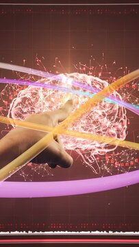 Hand touching flare and guiding glowing orb into brain sphere, showing AI with rings and waveform