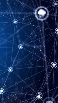 Vertical video: Camera panning, 3D globe rotating, icons pulsing to show cloud links in technology