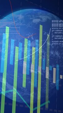 Vertical video: Live data driving bars rising over globe drawing red curve and teal wave for tech