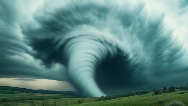 Swirling clouds form a funnel shape above green fields as a storm approaches in a rural location during late afternoon