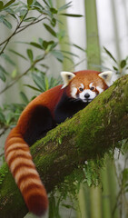 Obraz premium Charming red panda rests on a thick, mossy tree branch. Its vibrant reddish fur and bushy ringed tail contrast with the soft green background. Peaceful forest moment with a cute animal