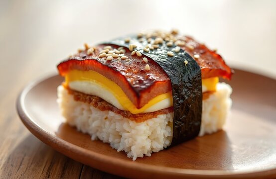 Hawaiian spam musubi with rice egg and grilled spam slice. Nori seaweed wrap holds savory salty umami snack. Popular island fusion food quick lunch meal.