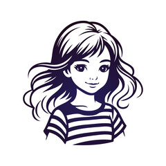 Logotipo de boutique de moda infantil. Dibujo minimalista con líneas de una niña de frente con una camiseta de manga corta con rayas  © teracreonte