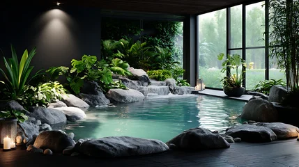 Poster Toilet Indoor stone hot spring pool with lush tropical plants and waterfall in a dark minimalist room  © Rupak