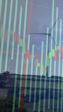 Vertical video: Finance chart tall bars appearing, clear overlay, candles moving, turbine turning