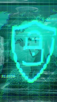 Vertical video: Security HUD receiving data pulse and forming glowing stepped shield over globe