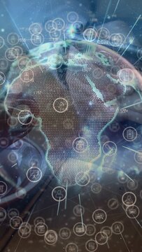 Vertical video: Dotted-map globe receiving feed, rotating and pulsing icons, showing tech messages