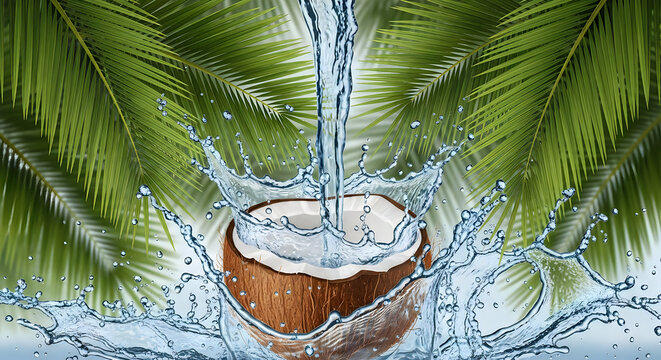 Fresh Coconut Water Pouring from Coconut Shell Vector, illustration