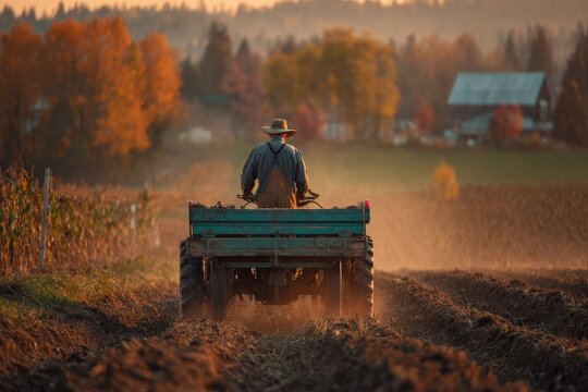 Rural field work with a manure spreader on an autumn day, tractor in a wide brown field