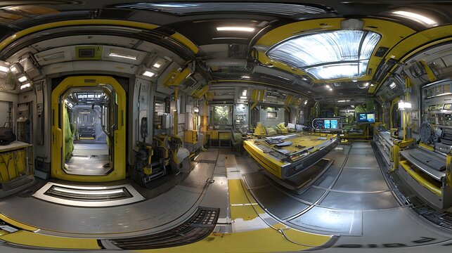 Industrial yellow and grey spaceship interior with control consoles and technical equipment