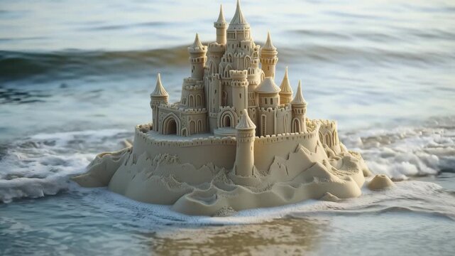 People create a detailed sandcastle on a beach as waves wash nearby in the afternoon