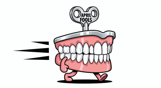 Humorous wind-up chattering teeth toy with an April Fools key, playfully running fast to celebrate a day of jokes and laughter