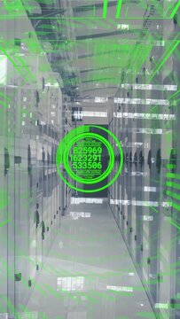 Vertical video: Boot activating green HUD in server aisle, scanning racks and updating status
