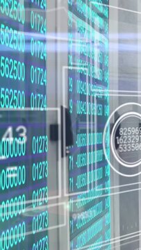 Vertical video: Camera panning right, panel showing teal numbers and HUD updating tech telemetry