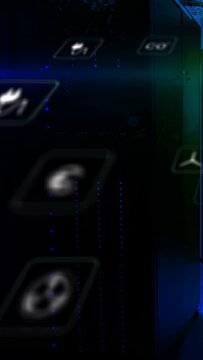 Vertical video: Blue band sweeping tech tiles drifting right showing lightning fan plug for tech UI