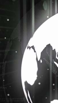 Vertical video: Animation starting, globe rotating and shifting, revealing continents, tech panels