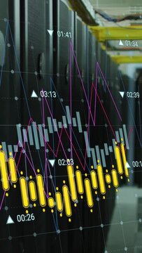 Vertical video: Camera panning racks in data center, animated candles and timestamps tracking stats