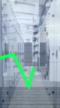 Vertical video: Green trace emerging lower-left and drawing peaks over server aisle showing metrics