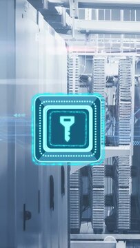 Pulsing holographic key square hovering over server racks inside data center, showing data-streaks