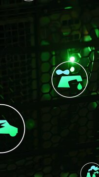 Showing hexagonal grid pulsing green LED at equipment rack, with cyan CO2 electric car faucet icons