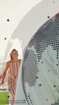 Vertical video: Friends walking shore while globe expanding over frame, carrying cooler for travel