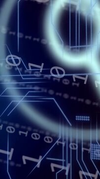 Vertical video: Binary streams sliding in from right, HUD icons moving and marking code on tech HUD