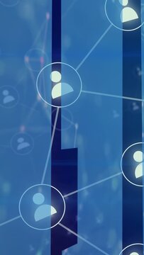 Appearing user icon moving right and spawning linked nodes around dark-blue bars on blue backdrop