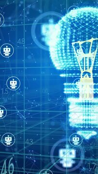 Vertical video: Camera panning, bulb hologram glowing, AI badges moving on data grid for AI design
