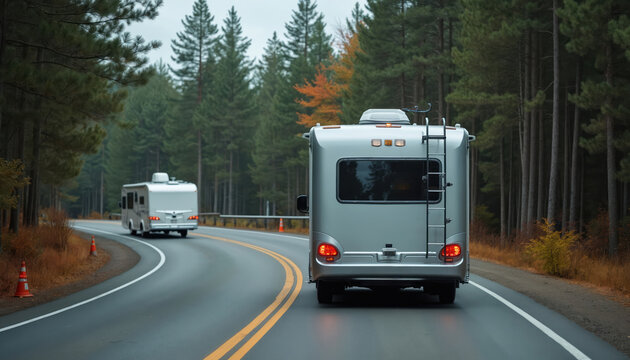 Two campers drive on paved road through forest with pine trees. Motorhomes travel on highway during autumn day. Vehicles advance on asphalt, heading towards destination.