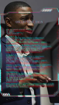 Office professional tapping tablet while holding cup, causing code HUD clarifying software demo