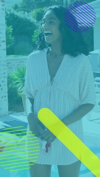 Vertical video: She laughing, friend reaching, hugging at pool, color overlays obscuring, marketing