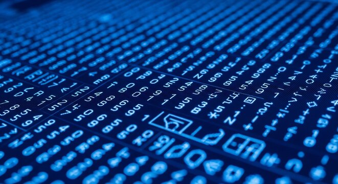 Abstract blue technology backdrop of glowing computer code and data with digital symbols and binary numbers for cybersecurity concepts