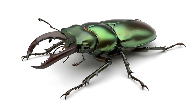 Detailed illustration of a stag beetle with striking mandibles and iridescent shell isolated on white background
