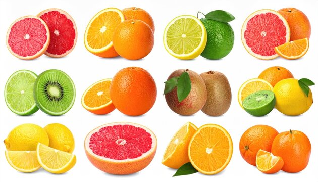 Set of various citrus fruits isolated on white