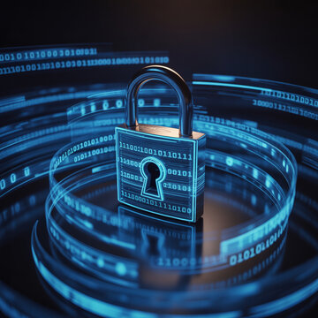 Padlock marked with binary sequences stands in the center of a swirling ring of light that symbolizes secure cloud storage and information access.