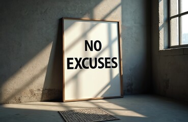 Obraz premium Framed NO EXCUSES text stands in empty room near window. Sunlight casts shadow on concrete wall. Gritty industrial space with motivational sign. Focus on determination, drive, and self improvement.