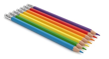 Fototapeta premium A collection of colorful pencils arranged in a rainbow gradient pattern isolated on white background