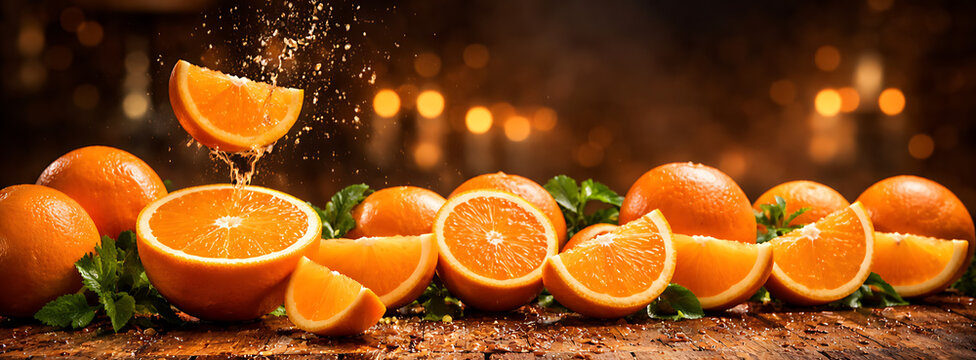 Deretan buah jeruk segar di atas meja kayu dengan percikan air dan pencahayaan hangat bokeh estetis realistis