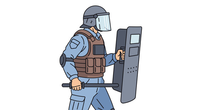 Riot Police Officer Holding Shield and Baton Illustration