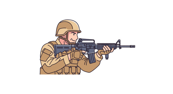 Soldier Aiming Assault Rifle in Desert Tan Uniform Vector