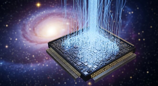 A futuristic microchip processing cosmic data streams against a backdrop of a swirling galaxy, symbolizing advanced technology and universal computation.