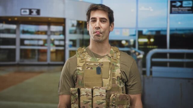 Man in camouflage tactical vest with dog tags standing at airport entrance purses lips to the side while facing camera; pride resolve.