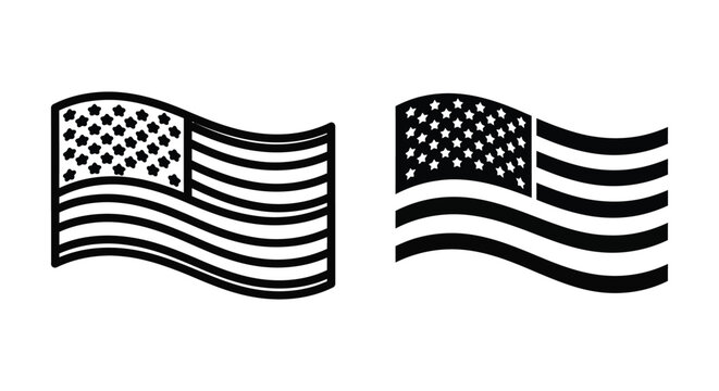 Set of two american flag icons, black and white vector illustrations of the usa flag with wavy effect