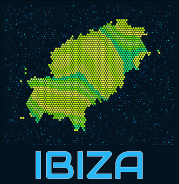 Ibiza hexagon dots map. Spain. Digital style shape of the island. Ibiza map and title. Tiny green colored hexagons, sparse blue dots at background. Vector Illustration.